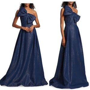 Teri Jon By Rickie Freeman Asymmetric Bow Metallic Sparkle Jacquard Maxi Gown
